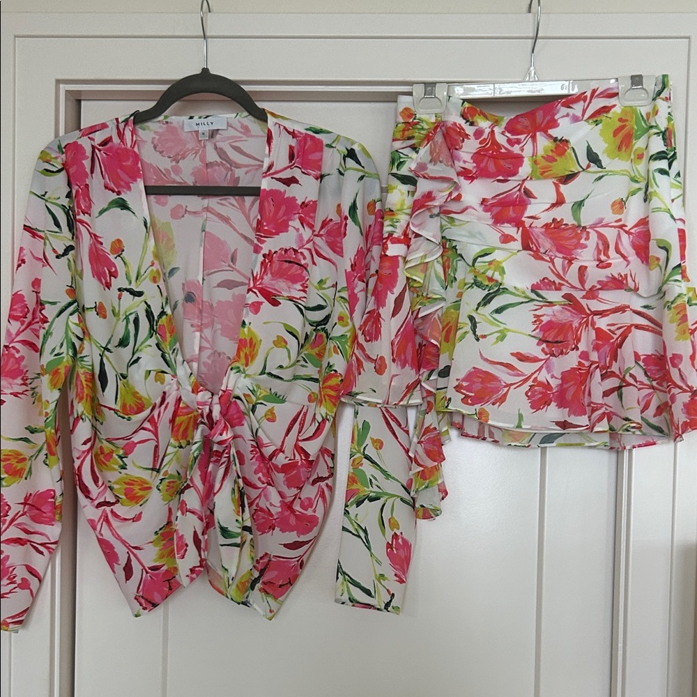 Floral Tie-Front Blouse and Skirt Set